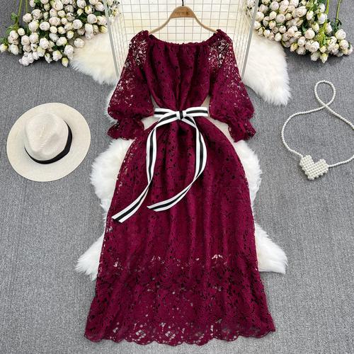 

Женское шикарное женское платье на шнуровке с пышными рукавами Y2k, модное элегантное повседневное вечернее платье с поясом-фонариком, черное платье One Size бордовый