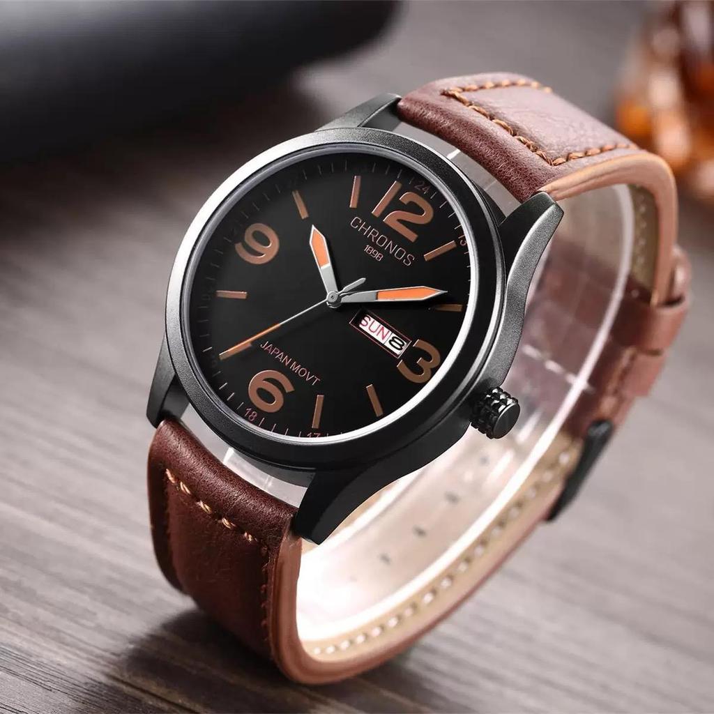 CHRONOS Top Brand Luxury Watch Men Watch Date Week Leather Men's Watch