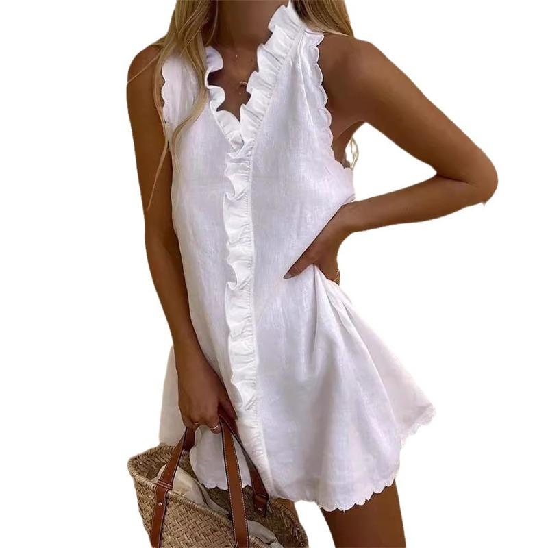 Fashion Summer Ruffled Sleeveless Casual Women Dress V Neck Solid Color Loose Simple Elegant Sweet A-line Party Short Dress Female Women's Clothing
