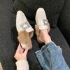Fashion Aphixta Crystal Square Buckle Warm Winter Slipper Real Fur Women Mule Furry Shoes Square Toe 4.5cm Med Heel Black Modern Slides