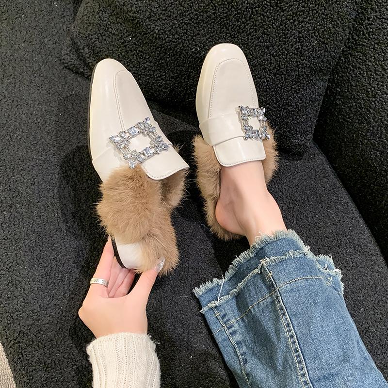 Fashion Aphixta Crystal Square Buckle Warm Winter Slipper Real Fur Women Mule Furry Shoes Square Toe 4.5cm Med Heel Black Modern Slides