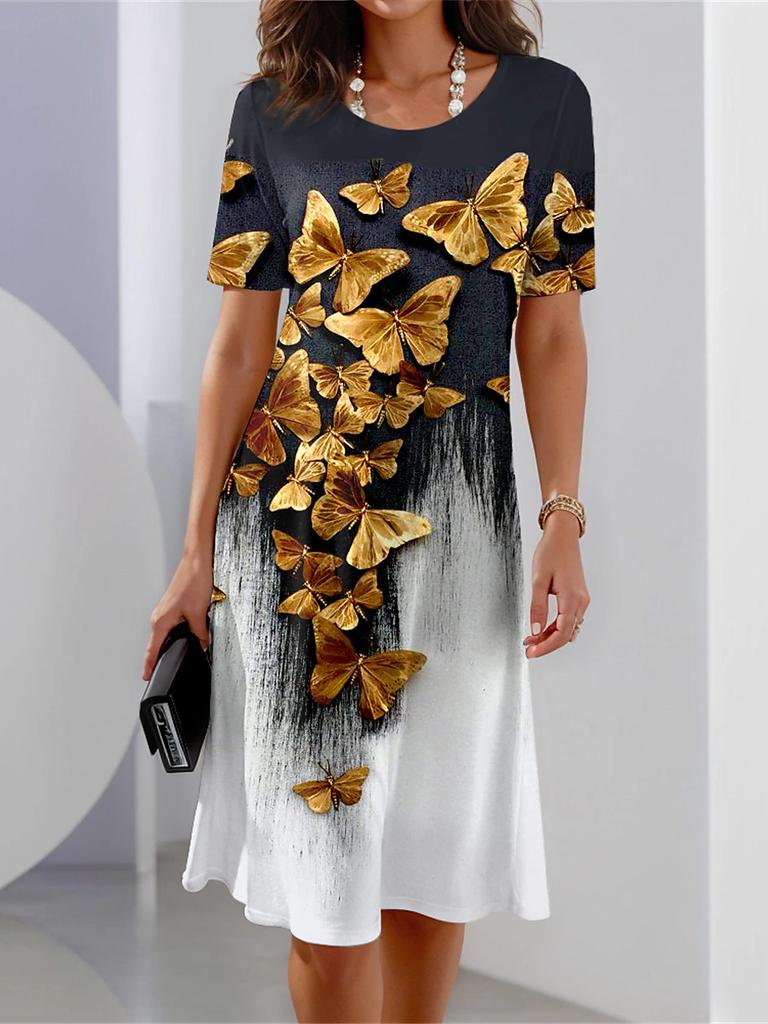 Damen Casual Lange Kleider Sommer Vintage Stil Weiblicher O-Ausschnitt Blumen Bedruckt Bequem Knielang mit Taschen Übergröße S-5XL