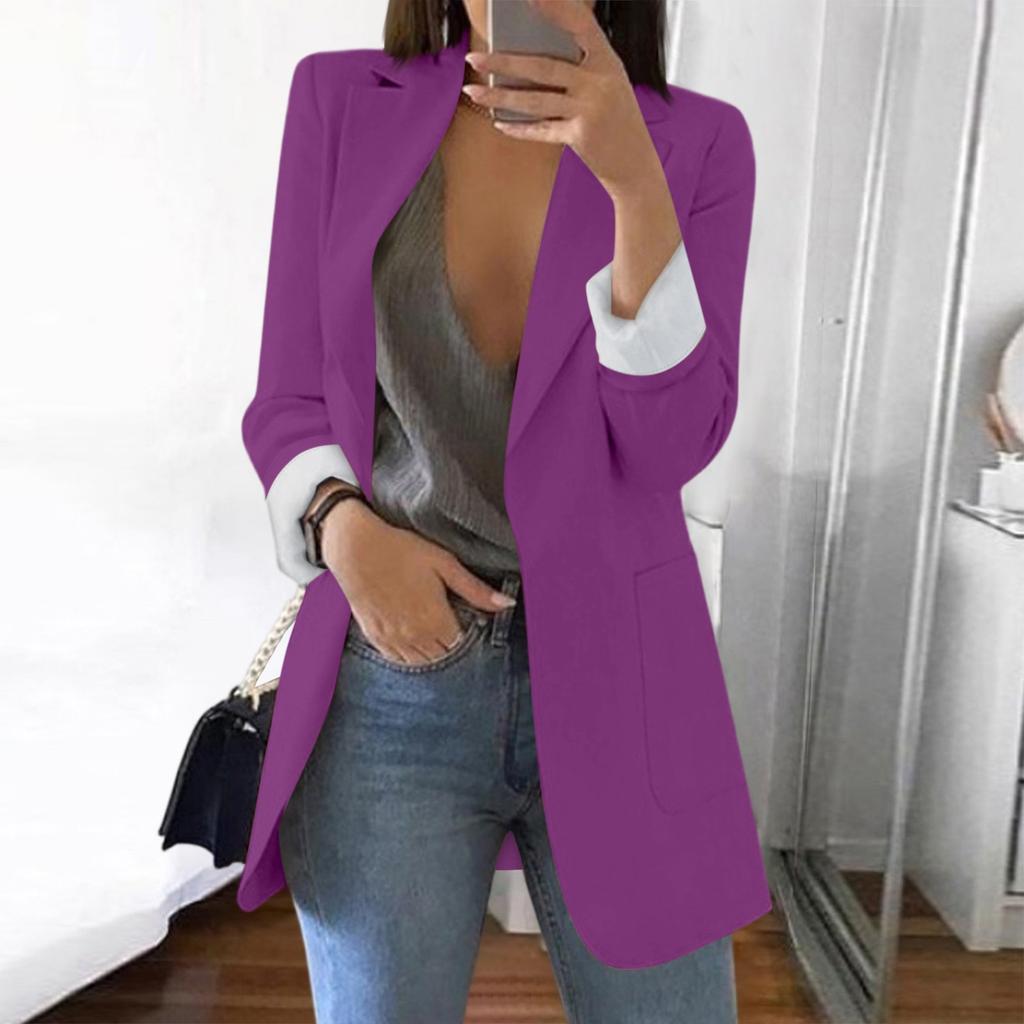 Women Solid Open Front Pockets Cardigan Formal Suit Long Sleeve Blouse Coat