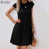 ZANZEA Damen Sommer Casual Rundhals Kurzarm Locker Plissiertes Kleid