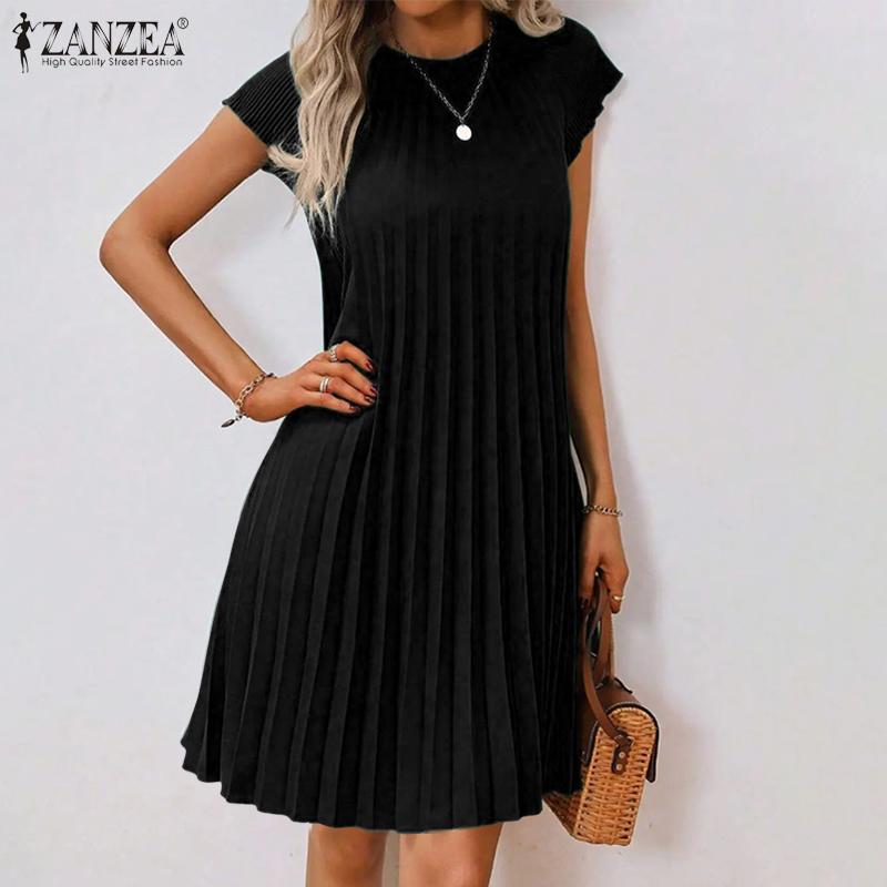 ZANZEA Dámské letní ležérní šaty s kulatým výstřihem, krátkým rukávem, volného střihu s plisováním