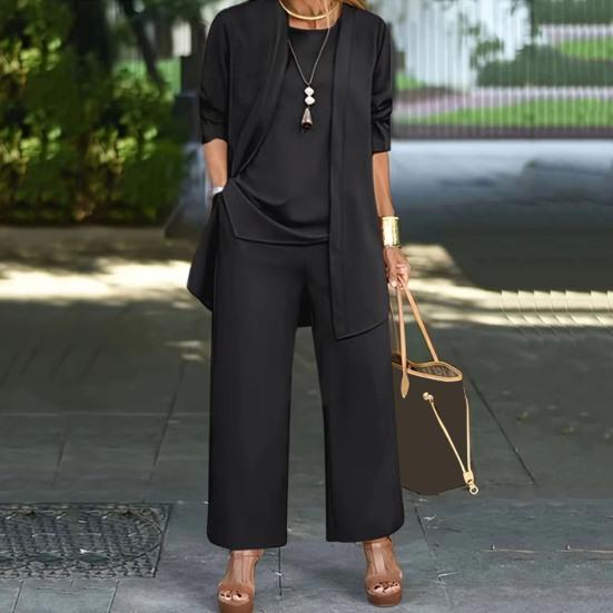 3 buc./set femeie haină vestă pantaloni set cardigan cu mânecă lungă cu decolteu o vestă fără mâneci cu talie elastică pantaloni cu picioare late costum pantalon lejer toamnă primăvară