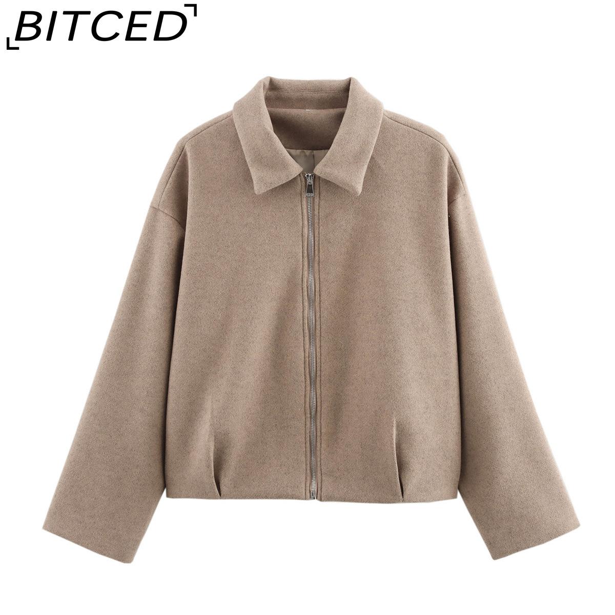 

BITCED Женская весенне-осенняя модная твидовая куртка на молнии с лацканами, приталенная, плиссированная L