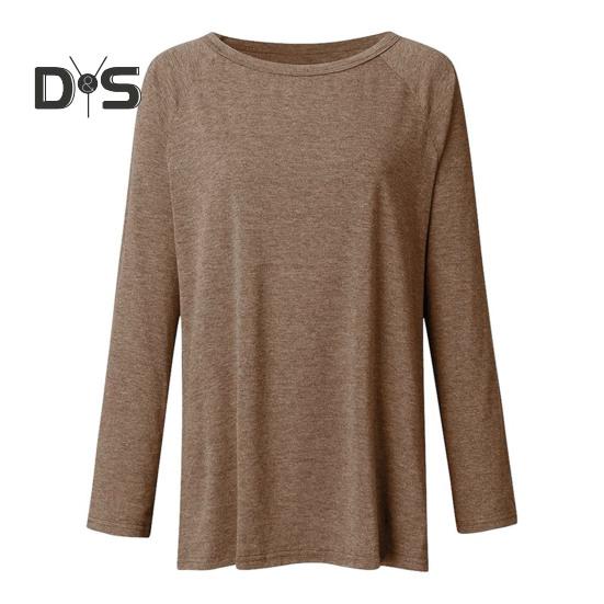 Women Tops Round Neck Long Sleeve Loose Fit Solid Color Tunic Top Casual Shirt with Hip Coverage Length
