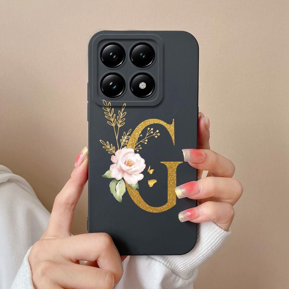 Liquid Soft Silicone Bumper For Xiaomi 14T Pro 5G 14 T Cover Pretty 26 Flower Letters Cases Anti Drop Housing Phone Shell Fundas