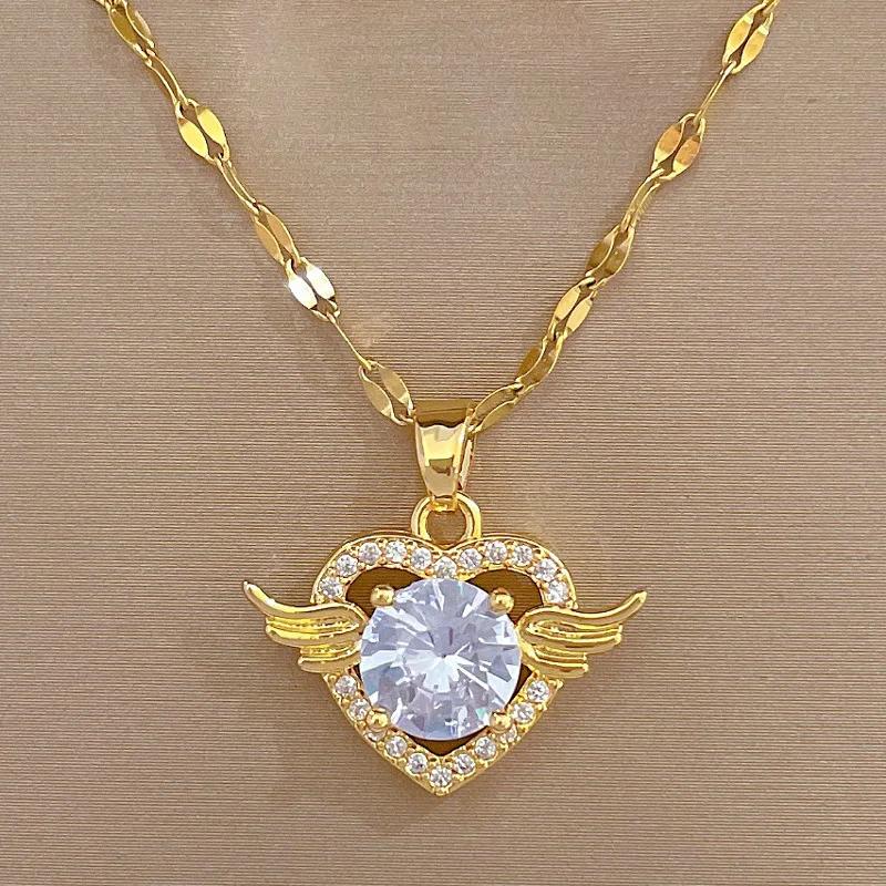 Trendigt Hjärtformat Halsband Guld Rostfritt Stål Zirkonia Smycken För Kvinnor Flickor Kärlek Fest Födelsedag Vardagspresent