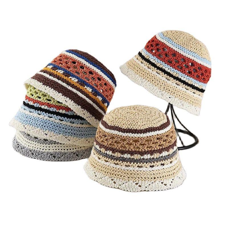 Summer Hollow Bucket Hat Colorful Stripe Sun Hat  Japanese Colorblock Bohimian Fisherman Hat Travel Beach Panama Cap Mom Gift