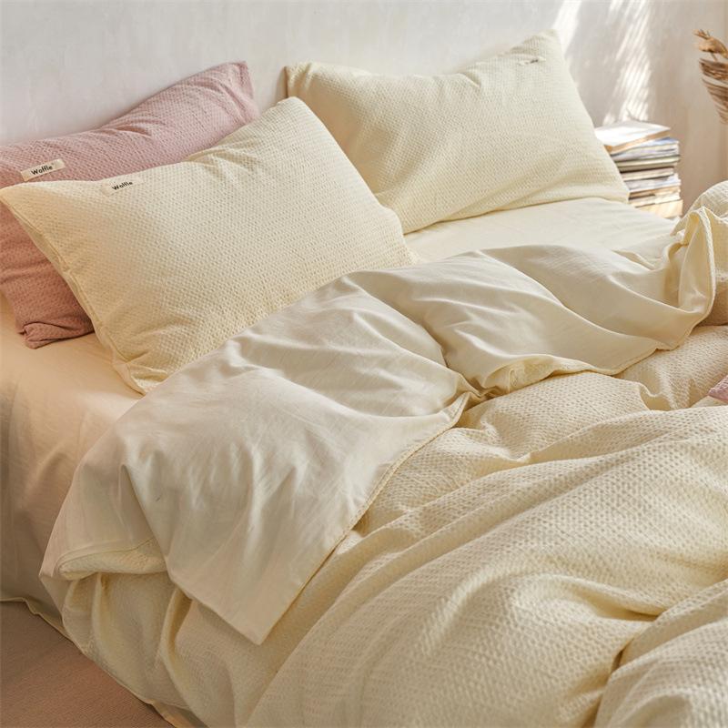 Class A, Maternal And Infant Grade Cotton Double-Layer Yarn 4Pcs Set, Pure Cotton Dormitory 3Pcs Set, Solid Color Bed Sheet Waffle Single Quilt Cover