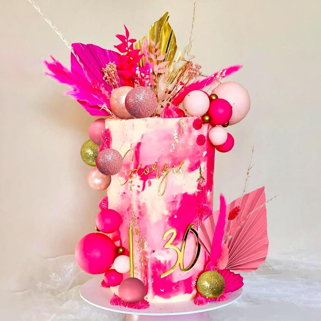 32-teiliges Set rosa Kugeln und Palmenblätter als Kuchendekoration im Boho-Stil für Hochzeiten und Geburtstage