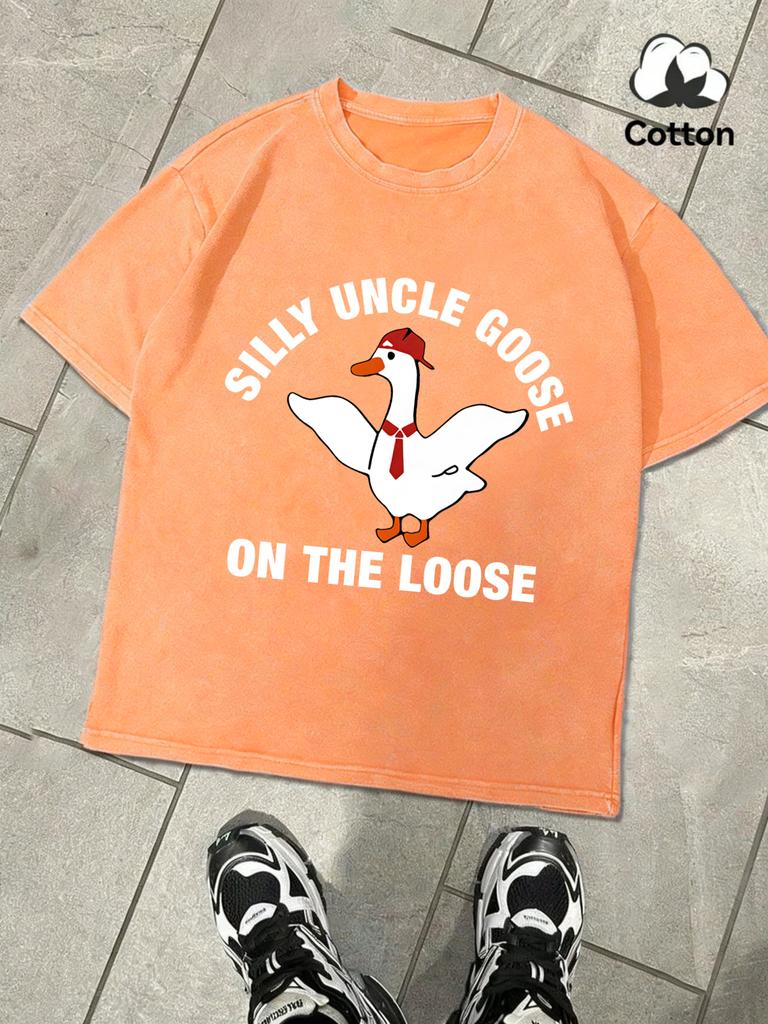 Silly Uncle Goose On The Loose Design Washed T Shirt Men Summer Loose Tops Soft Cotton Fashion Short Sleeve Unisex Retro Tee