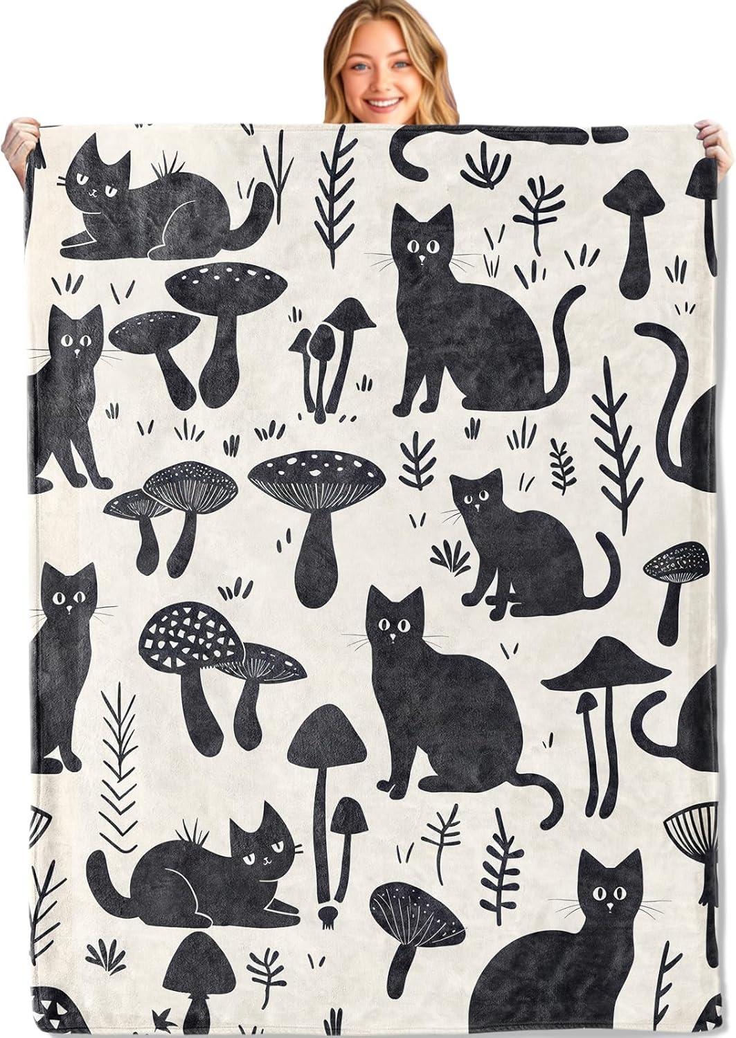 

1PC Black Cats Mushroom pattern Throw Thin Blanket Gifts for Couch Bed Car Home Camping Pop arts Mushroom Lovers all season use 75cmx90cm