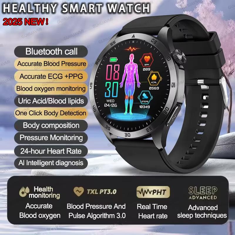 2025 New Micro Physical Examination Blood Lipids Uric Acid Blood Pressure Smart Watch ECG+PPG Clock Bluetooth Call Smartwatch Men