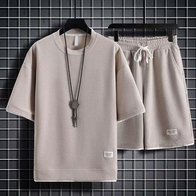 2-teiliges/Set Herren Sportanzug O-Ausschnitt Ärmel T-Shirt Verstellbare Elastische Taille Kurze Kordelzug Weitbein-Shorts Set Waffeltextur