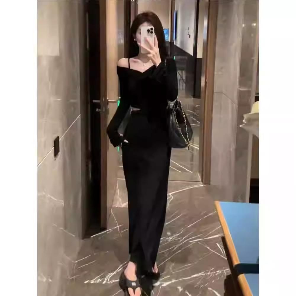 French black off-the-shoulder v-neck long-sleeved dress, autumn dress for women, small man with waist temperament, waist-exposed, bottom-up dress