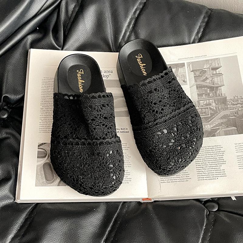 Knitted Hollow Big Head Muffin Thick Bottom Bag Head Drag Women's Summer New Wear Breathable Small Half Slippers