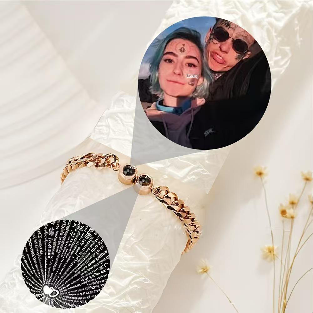 Custom 100 Languages 'I Love You' Projection Bracelet - Stainless Steel Cuban Chain Bangle for Men & Women
