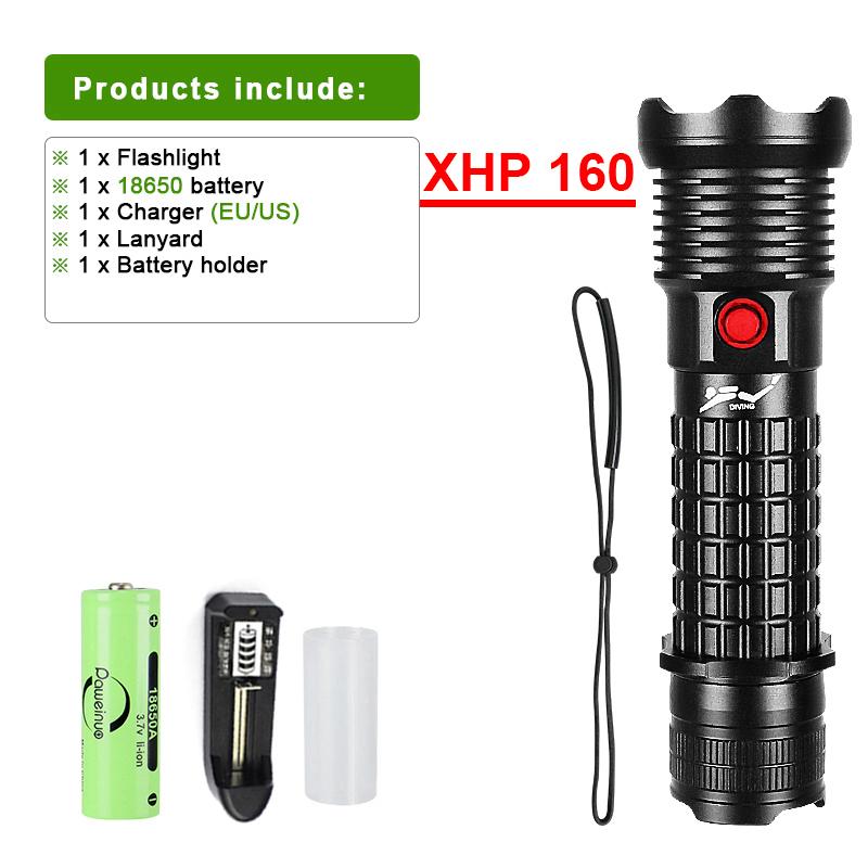 Profesjonell Spearfishing Jakt Scuba XHP160LED dykkerlys 9900LM dykkerlommelykt 18650 26650 fakkel undervannslommelykt