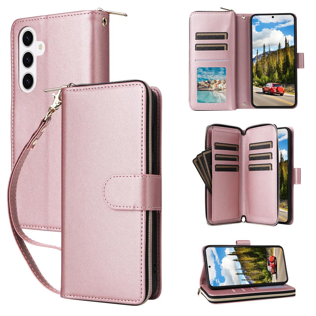 For Samsung Galaxy S26+ Case 9 Card Slots Zipper Pocket PU Leather Phone Cover with Wrist Strap