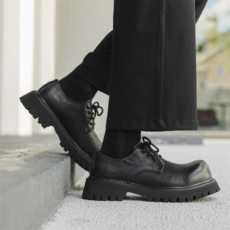 Lederschuhe Herren Herbst neu runde Spitze Werkzeug dicke Sohle erhöhend Britischer Stil Low-Top Retro Freizeitschuhe 2038-J