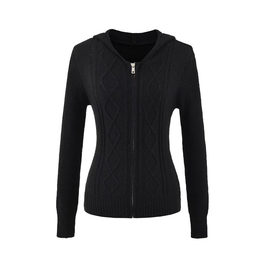 Y6015-26 Spring French Retro Cable Knit Slim Zipper Cardigan Hoodie