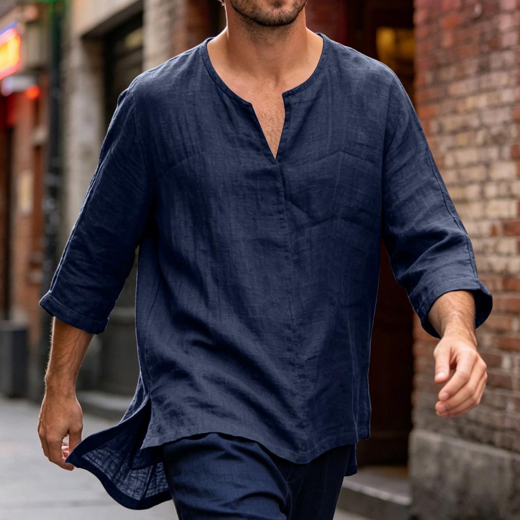 Men's Casual Linen Cotton Blend Three Quarter Sleeve Shirt Loose Fit Lightweight Breathable Summer Top