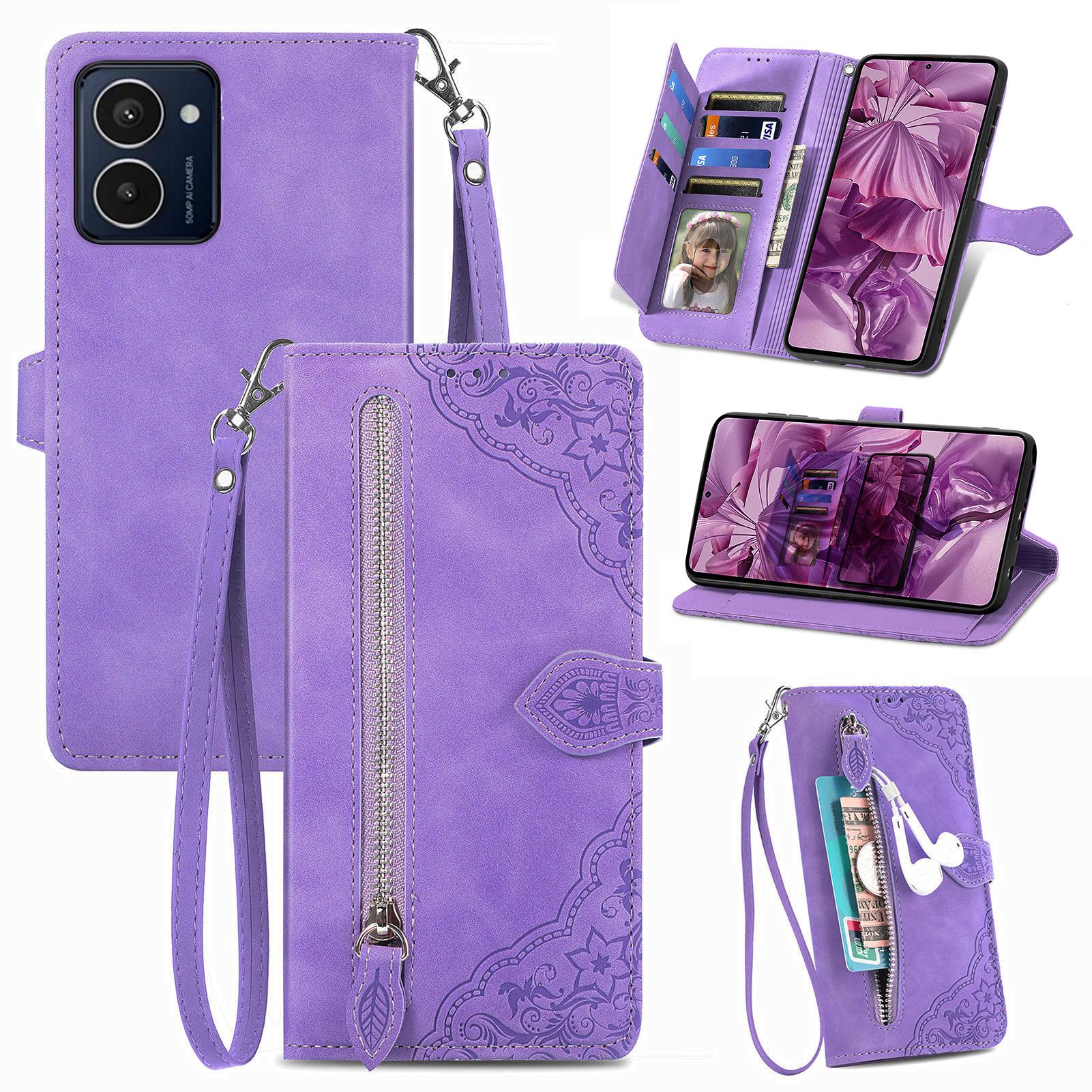 

For HMD Pulse Pro Zipper Wallet Case with Strap Flower Imprint PU Leather Phone Cover Light Purple