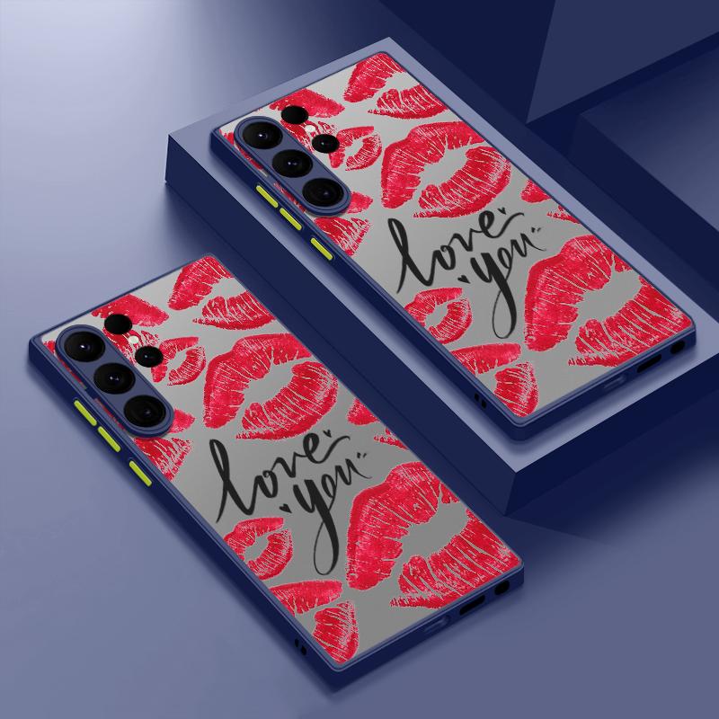 Rote Lippen Muster Slim Stoßfest Matte Hülle Für Samsung S25 Ultra S24 FE S23 S22 A16 A56 A55 A36 A26 A15 A35 Linsenschutz Transparente Handyhülle