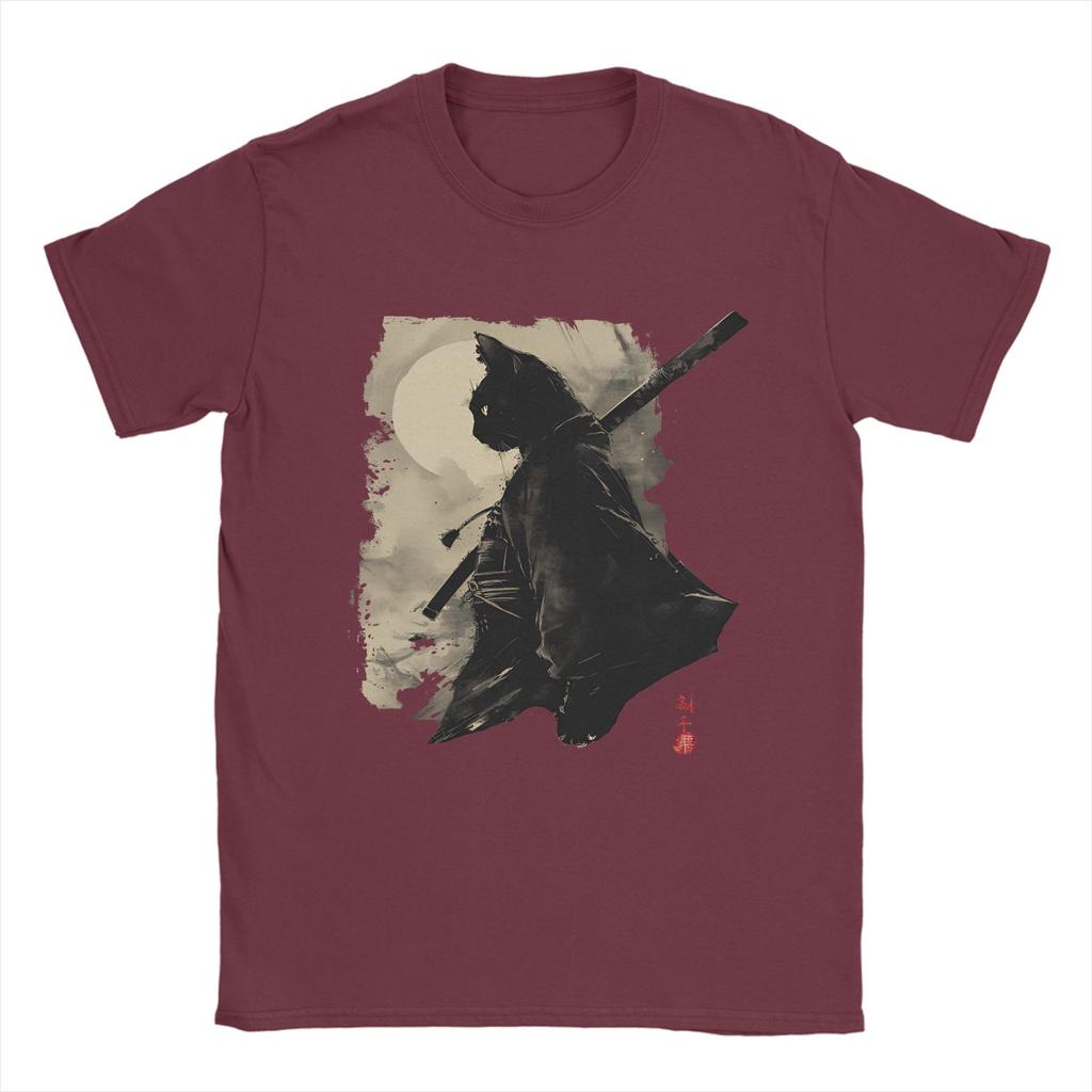 TShirts Unisex Samurai Cat Leisure Pure Cotton Tee Shirt Round Neck Short Sleeve T Shirt Plus Size Clothing