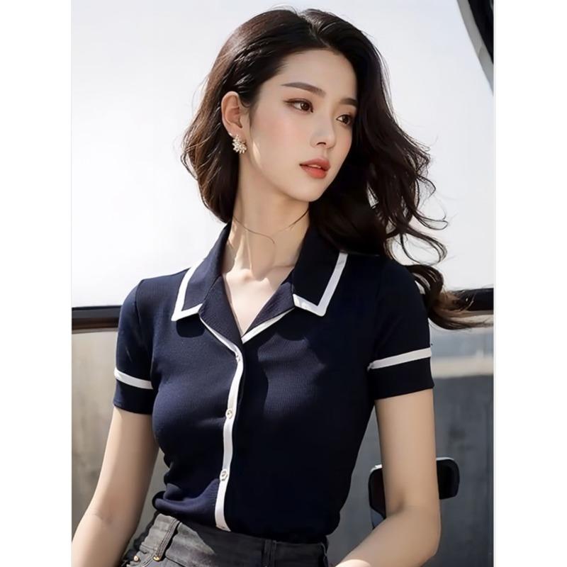 Women Navy Contrast Trim Knit Top Turn Down Collar Short Sleeve Casual Blouse