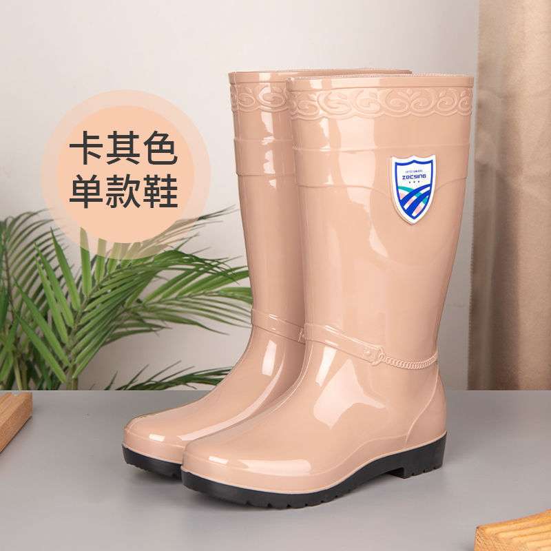 High tube rain shoes water shoes women's long tube rain boots warm beef tendon thick sole catch the sea water boots car wash kitchen work rubber shoes