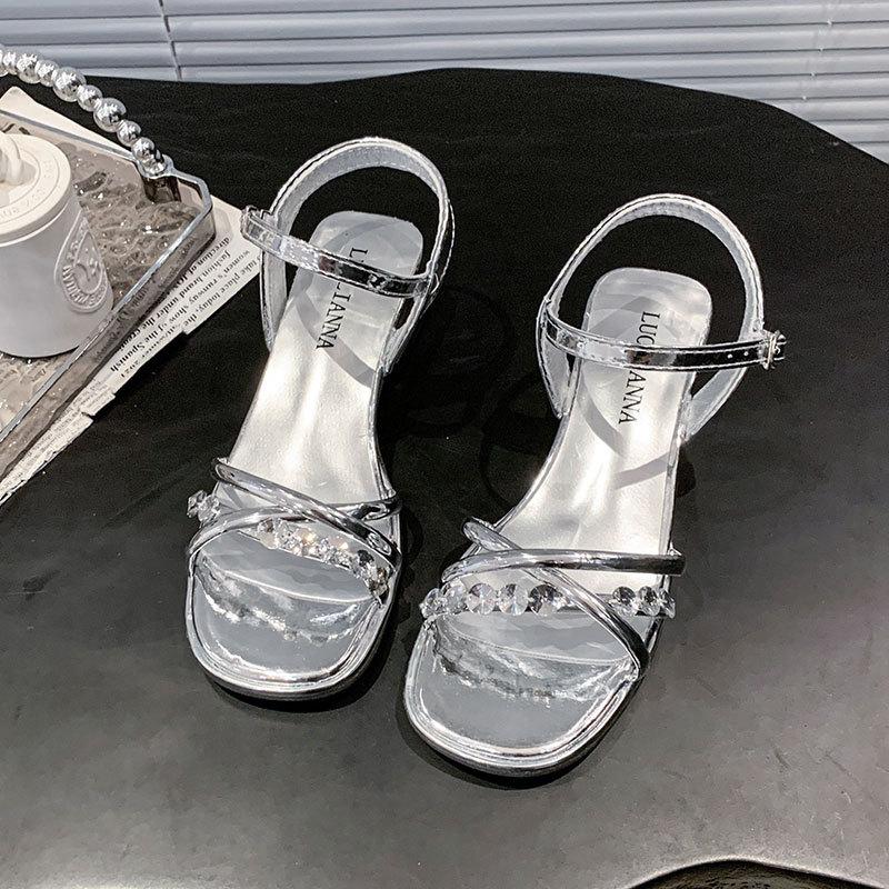 French Open-toed Rhinestone Sandals Summer New Fashion Thick Heel Square Head One-word Buckle with Skirt Women's Shoes