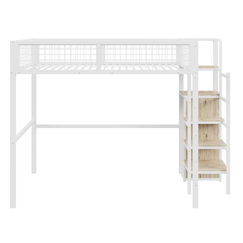 Loft bed 140*200 with ladder, children's bed with iron frame and storage shelf, wardrobe white (Old SKU LDB00198AAK)
