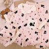 Little Black Cat Bow Cloud Cotton Pajamas Women'S Summer Short-Sleeved Three-Piece Set Cute Plaid Loungewear
