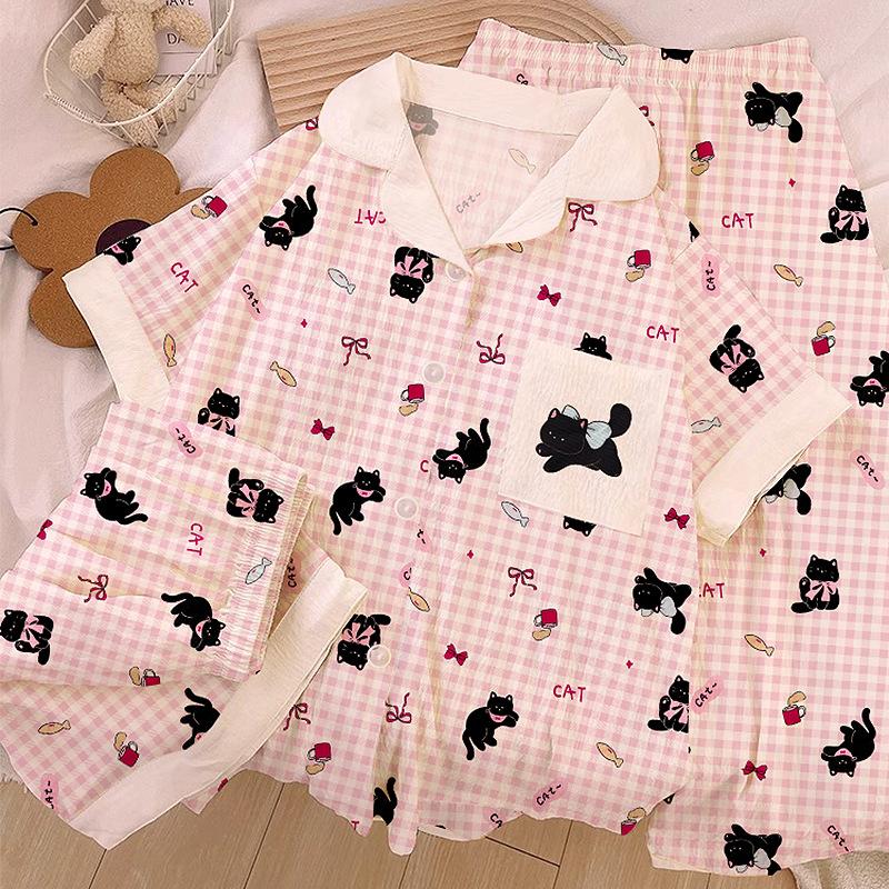Little Black Cat Bow Cloud Cotton Pajamas Women'S Summer Short-Sleeved Three-Piece Set Cute Plaid Loungewear