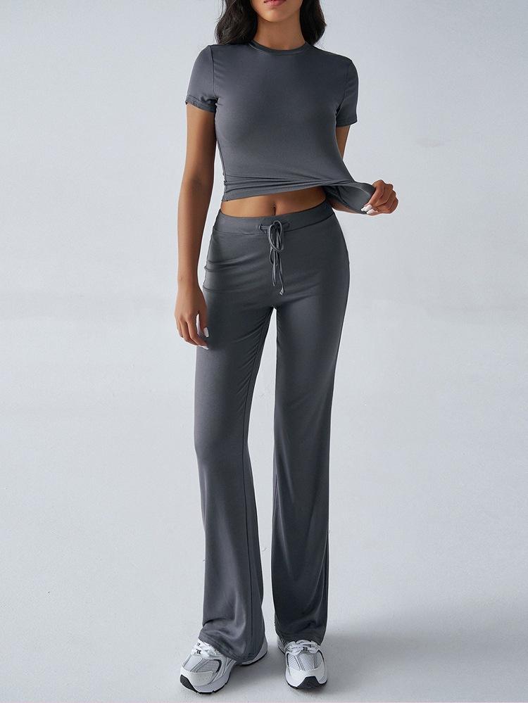 Women's Slim Fit Two-piece Matching Outfit Short Sleeve Crew Neck Crop Top Drawstring High Waist Flare Pants Tracksuit