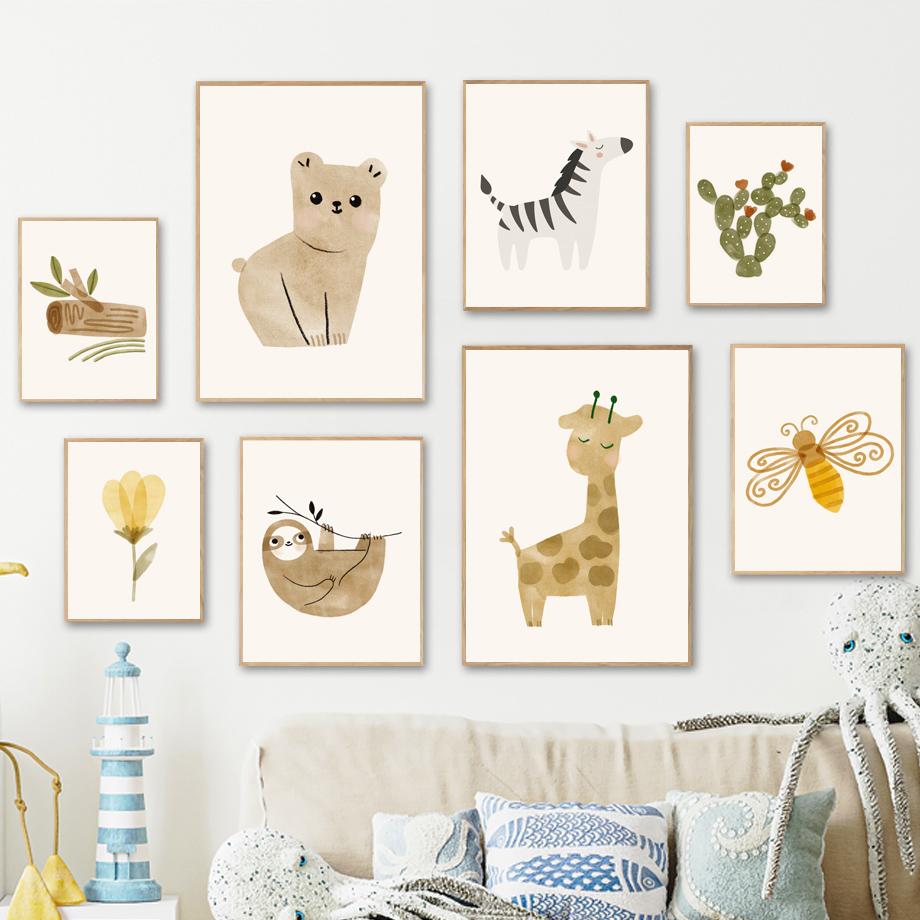 Cartoon Giraffe Bär Zebra Faultier Baum Natur Alphabet Kunst Leinwand Malerei Nordic Poster Drucke Wand Bilder Kinderzimmer Dekor Kein Rahmen