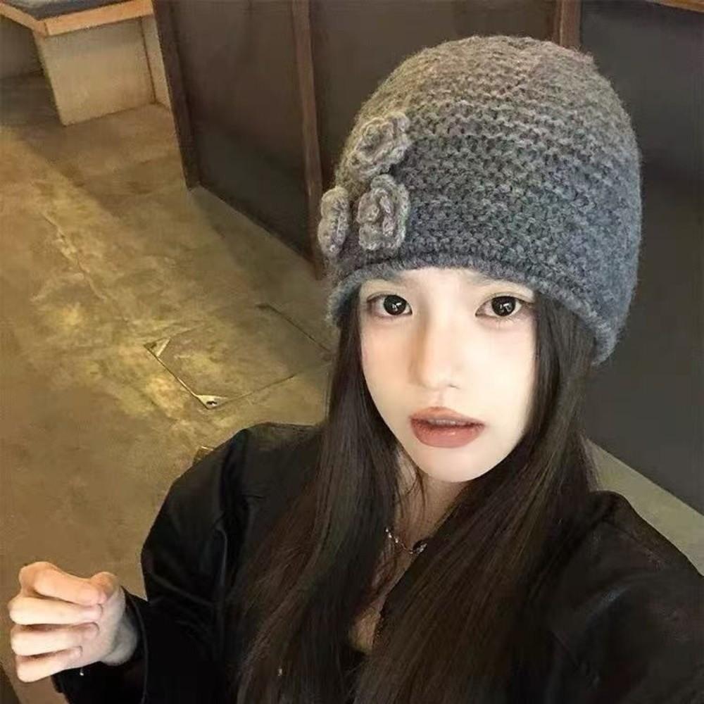 Korean Style Knitted Woolen Hat Elastic Flower Beanie Hat Versatile Winter Warm Hat  Cold Weather