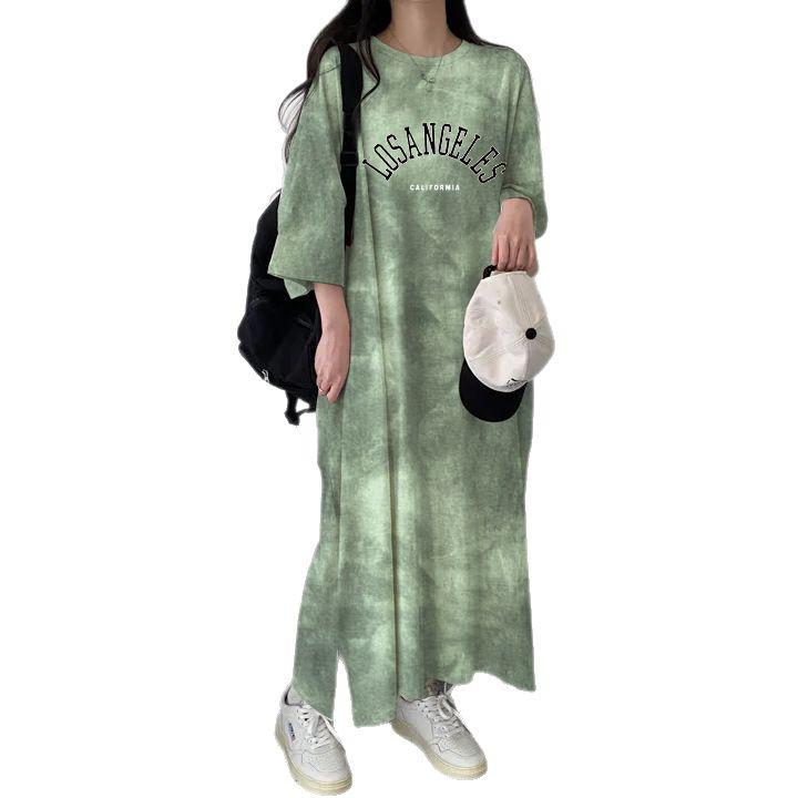 Plus Size Tie-Dye Mid-Length Casual Short-Sleeve Dress - Japanese Korean Style Summer Women's T-Shirt Dress