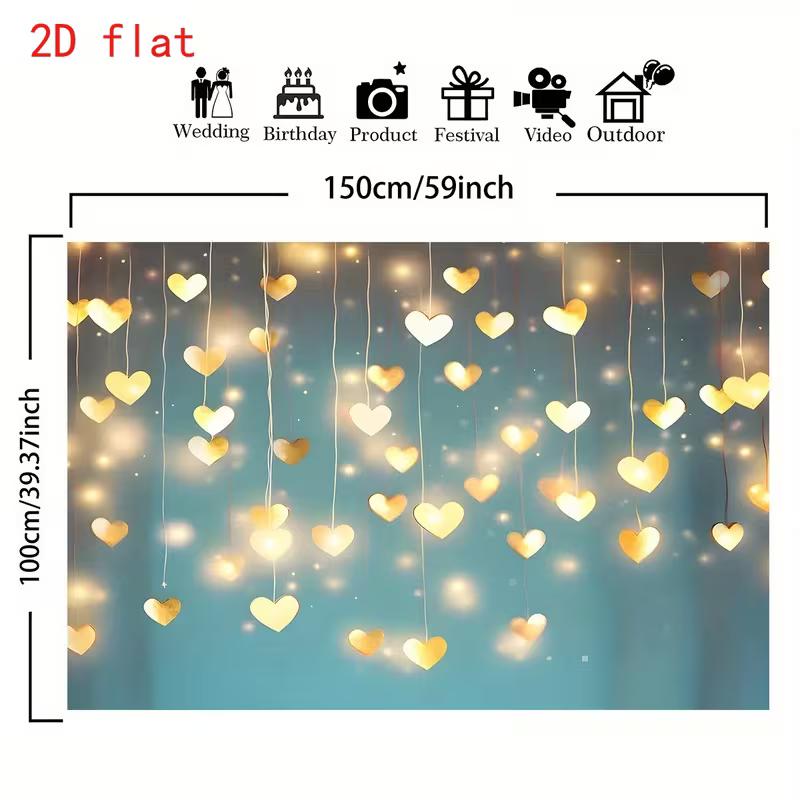 Teal Romantic 2D Backdrop, Golden Heart Lights Photo Background