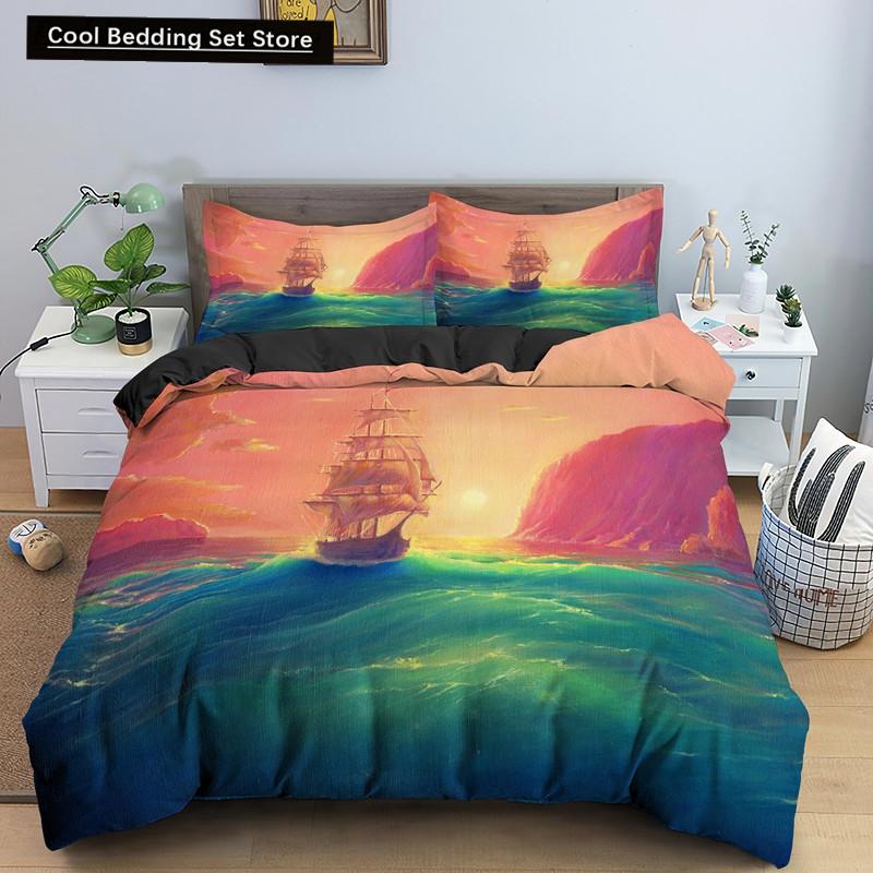 Nautical Sailboat Duvet Cover Queen King Size 3D Oil Painting Boat Style Bedding Set Ocean Soft 2/3pcs Polyester Quilt Cover