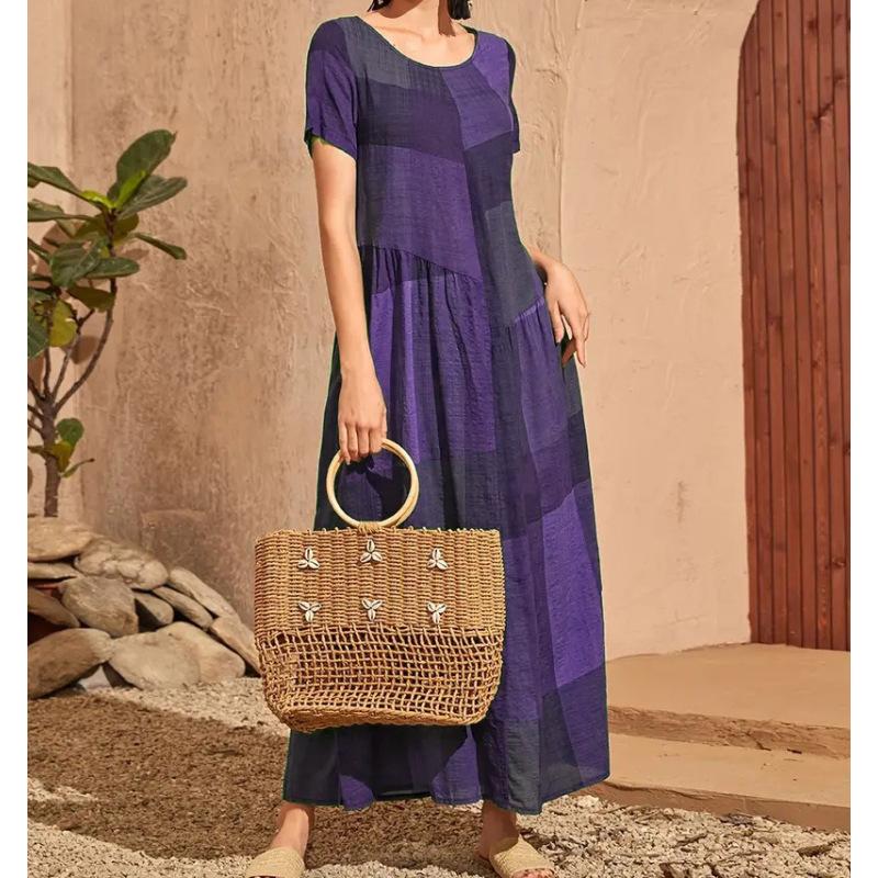 Women's Maxi Dress Summer Short Sleeve Round Neck Patchwork Contrast Loose Hem Pleated A Line Ankle Length Plus Size Dress