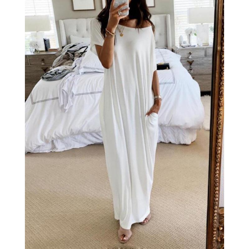 European & American Summer Women's Solid Color Short Sleeve Long Dress