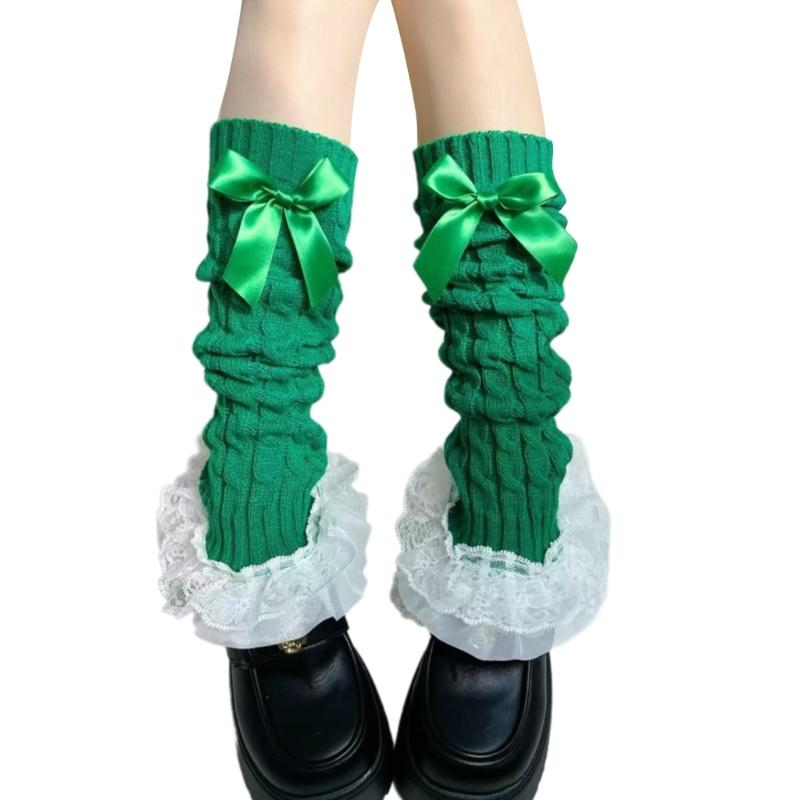 Cable Knit Leg Warmers Boot Cuffs with Bowknot Decorated Sweet Tiered Ruffled Lace Trim Leg Covers Calf Socks for Women