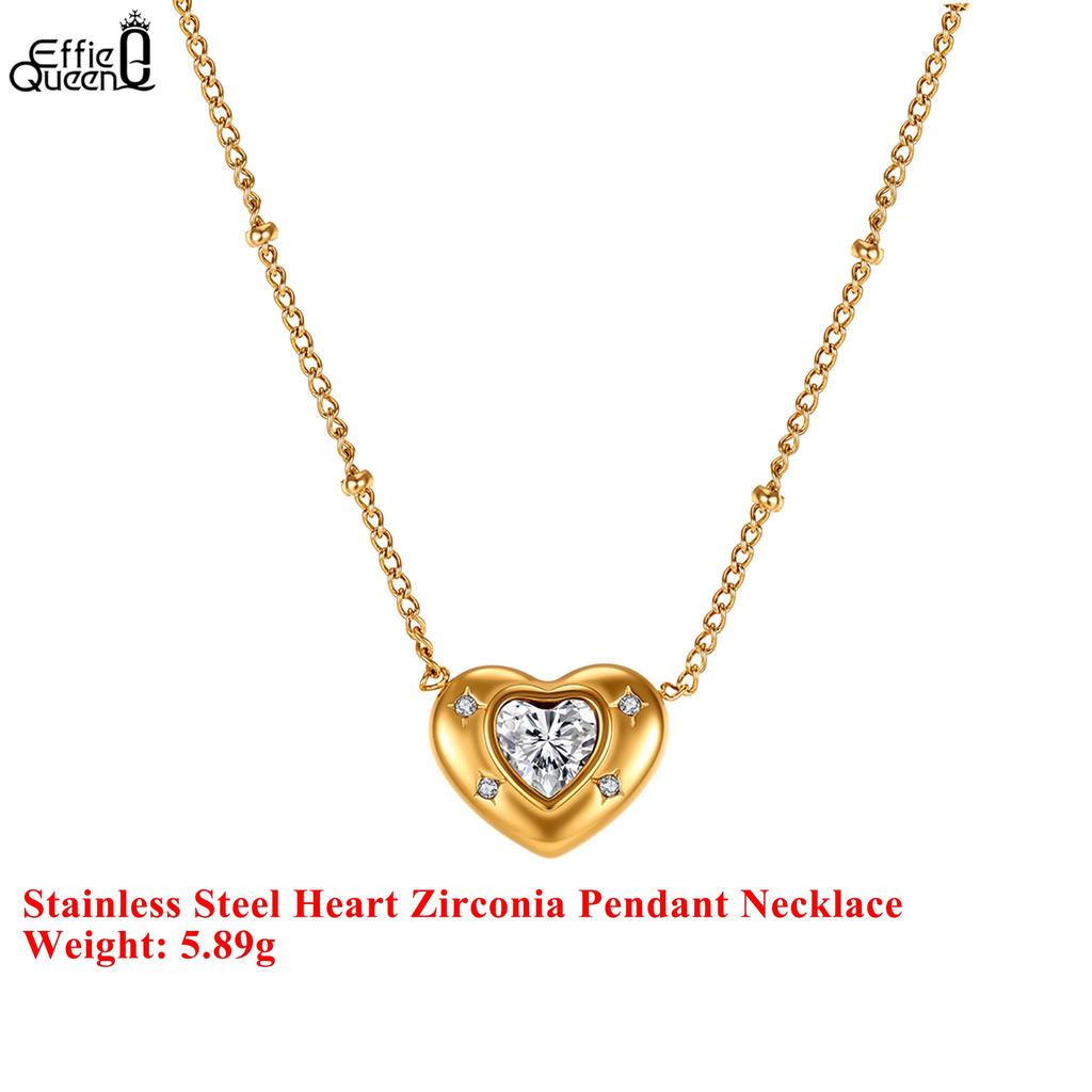 EFFIE QUEEN Stainless Steel 18k Gold Heart Cut Zirconia Pendant Necklace Romantic Jewelry for Women Valentine's Day Gift STKN13
