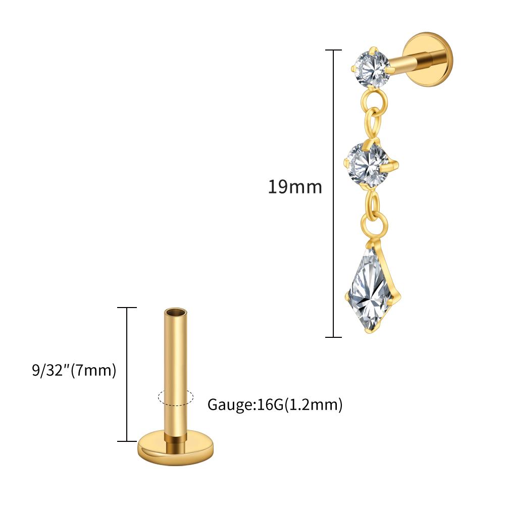 Right Grand ASTM F136 Titanium Dangling CZ Drop Piercing 16G Dangle Chain Kite Shape Cartilage Helix Stud Flat Back Earring