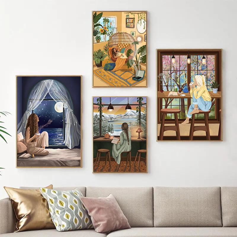 Bohemian Style Moon Jungle Fairy Female Art Dance Yoga Spirit Illustration Poster Canvas Paintings Wall Art Pictures Home Decor